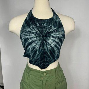 Women's Black and Grey Sleeveless Tie-Dye Pattern Stretchy and Thick Crop-top